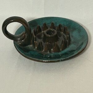 Vintage 1960s Evangeline Pottery Teal and Black Candlestick Candle Holder
